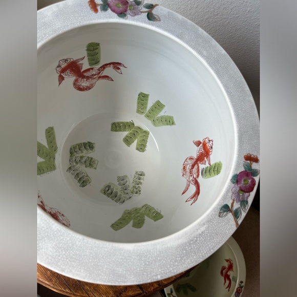 Vintage Chinoiserie Large Porcelain Koi Fish Planter Bowl Cachepot - Picture 8 of 11